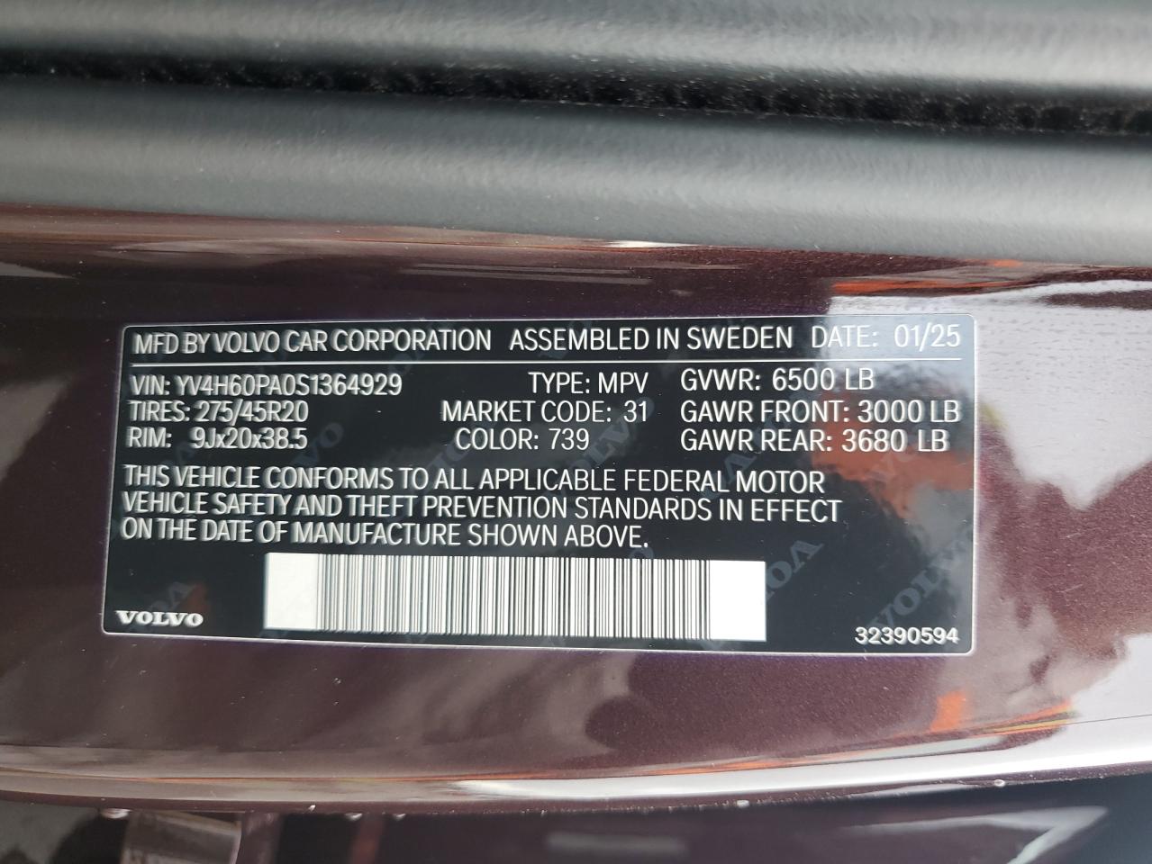 2025 Volvo Xc90 Core VIN: YV4H60PA0S1364929 Lot: 80756675