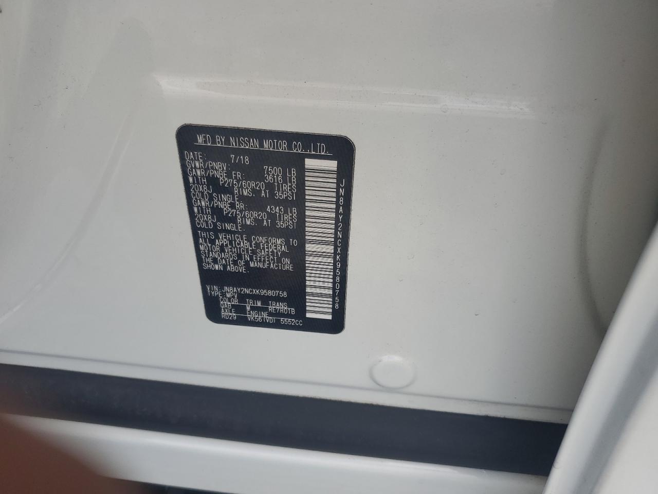 2019 Nissan Armada Sv VIN: JN8AY2NCXK9580758 Lot: 71128115