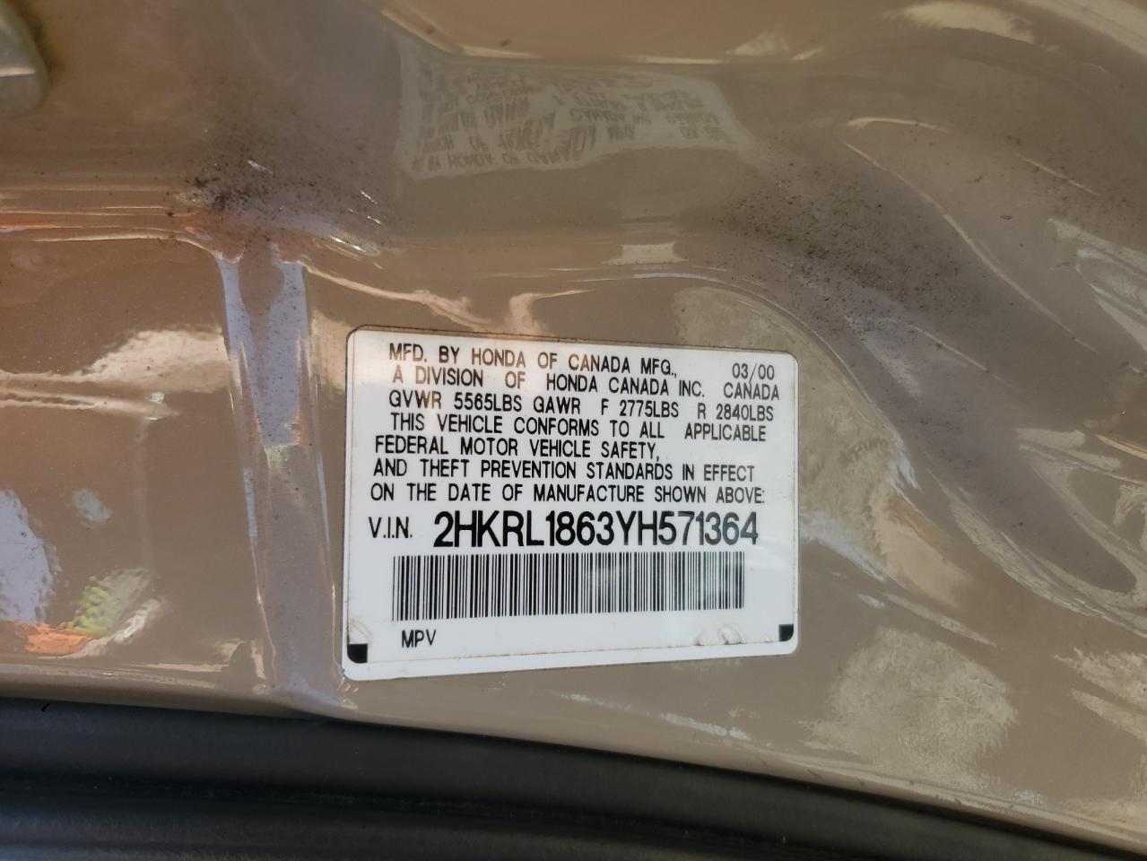 2000 Honda Odyssey Ex VIN: 2HKRL1863YH571364 Lot: 81698305