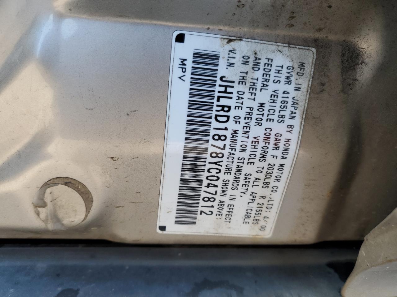 2000 Honda Cr-V Se VIN: JHLRD1878YC047812 Lot: 81370295