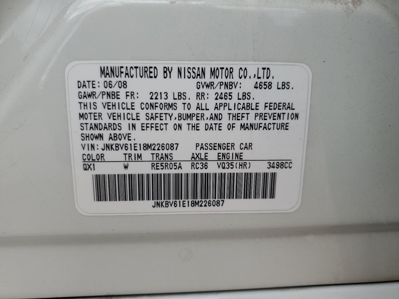 2008 Infiniti G35 VIN: JNKBV61E18M226087 Lot: 86336835