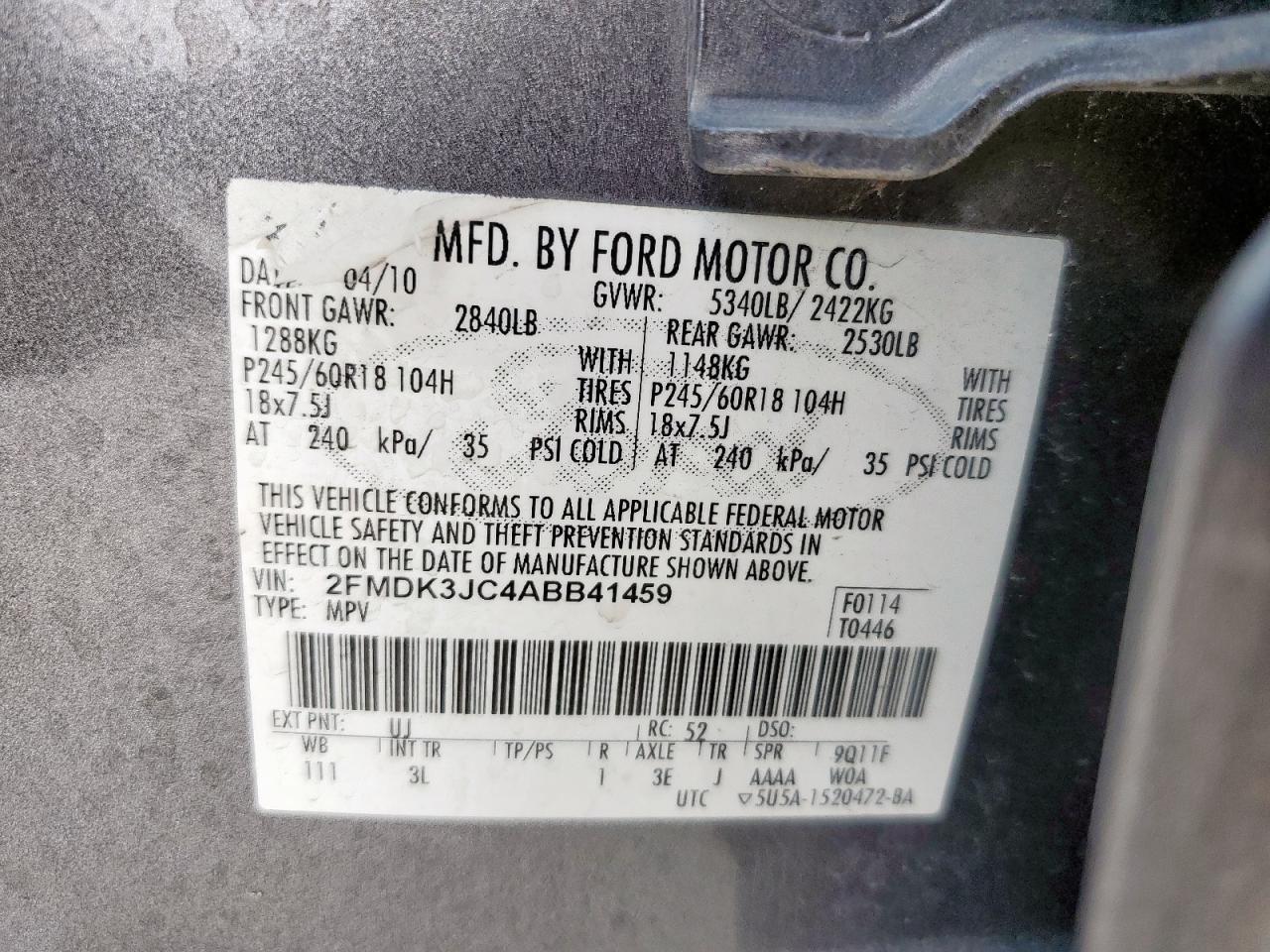 2010 Ford Edge Sel VIN: 2FMDK3JC4ABB41459 Lot: 71269465