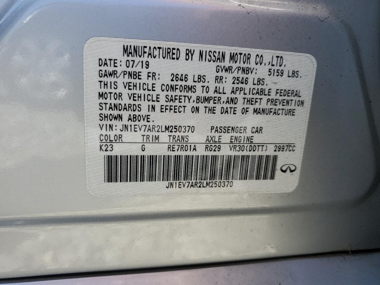 2020 Infiniti Q50 Pure VIN: JN1EV7AR2LM250370 Lot: 72006525