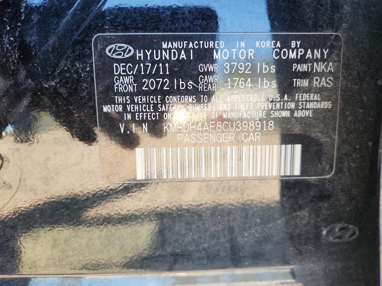 2012 Hyundai Elantra Gls VIN: KMHDH4AE8CU398918 Lot: 81822115