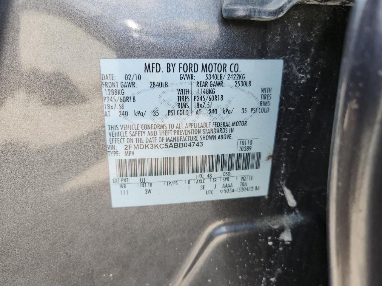 2010 Ford Edge Limited VIN: 2FMDK3KC5ABB04743 Lot: 81409475