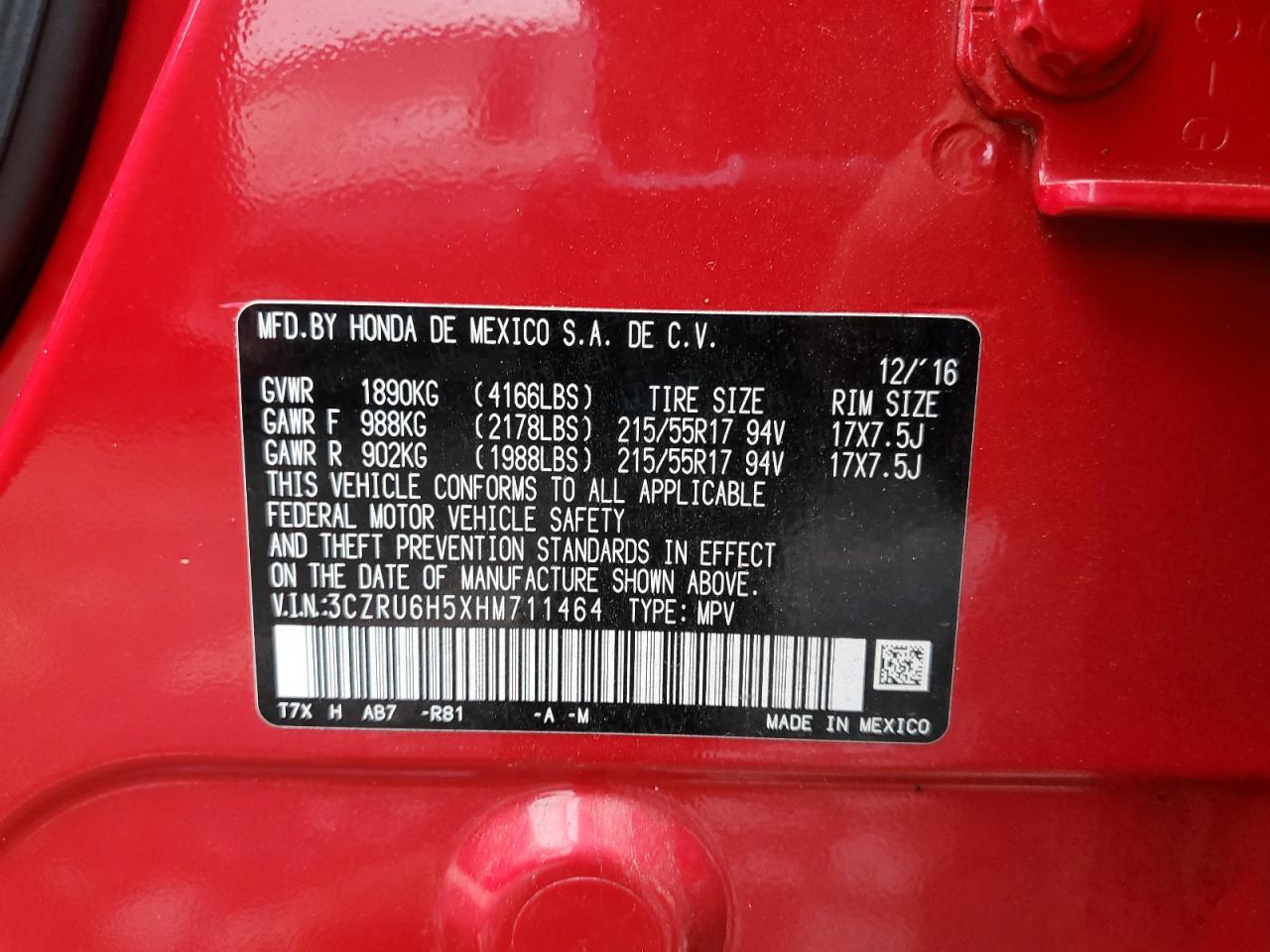 2017 Honda Hr-V Ex VIN: 3CZRU6H5XHM711464 Lot: 83981305