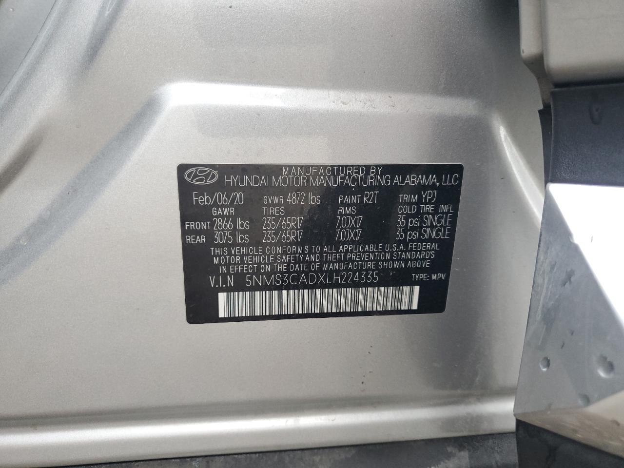 2020 Hyundai Santa Fe Sel VIN: 5NMS3CADXLH224335 Lot: 80791595