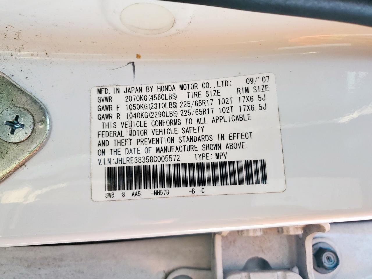 2008 Honda Cr-V Lx VIN: JHLRE38358C005572 Lot: 80264935