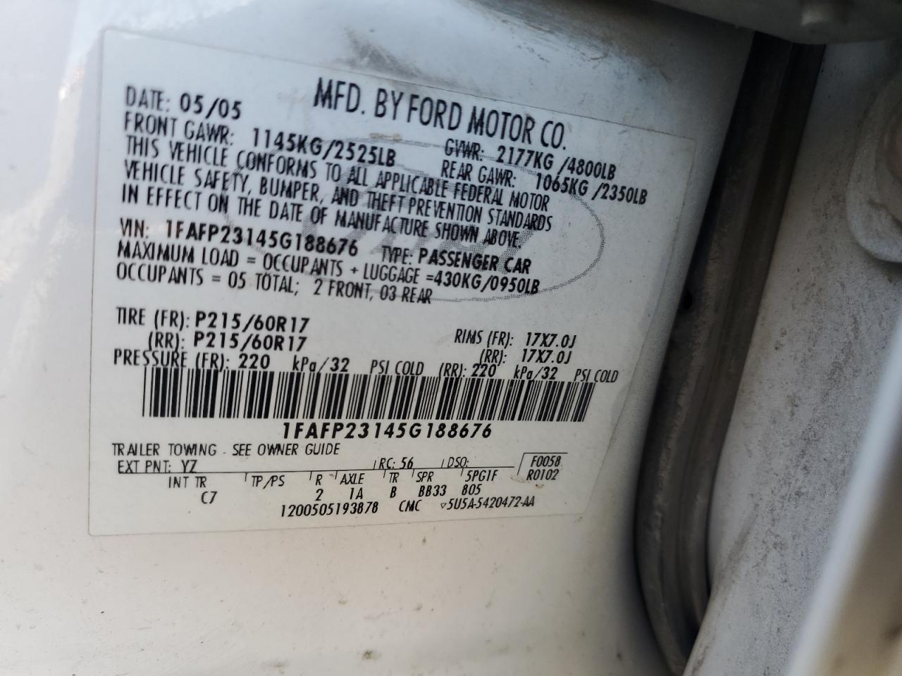 2005 Ford Five Hundred Se VIN: 1FAFP23145G188676 Lot: 80740875