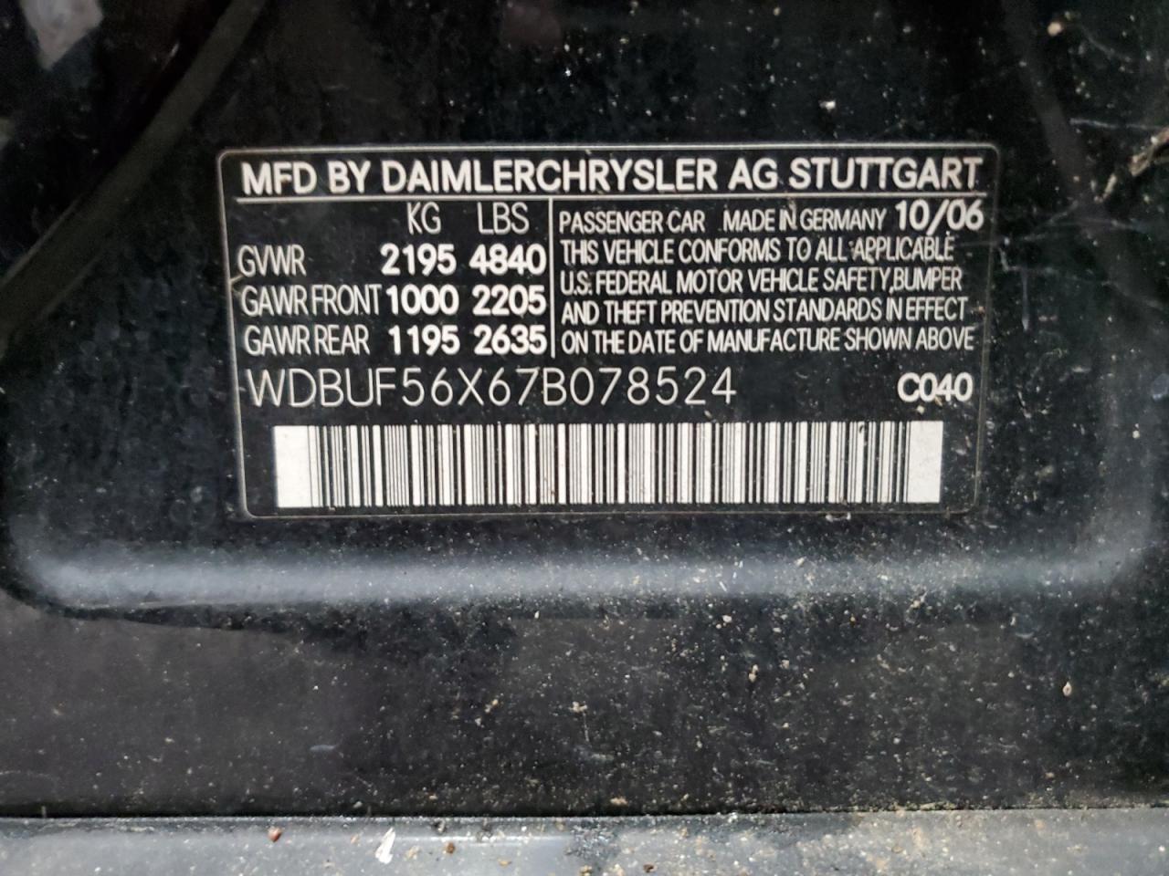 2007 Mercedes-Benz E 350 VIN: WDBUF56X67B078524 Lot: 80536425