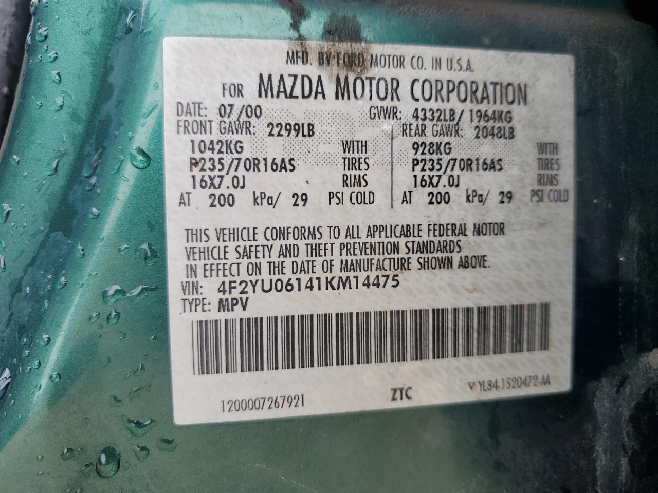 2001 Mazda Tribute Dx VIN: 4F2YU06141KM14475 Lot: 80370365