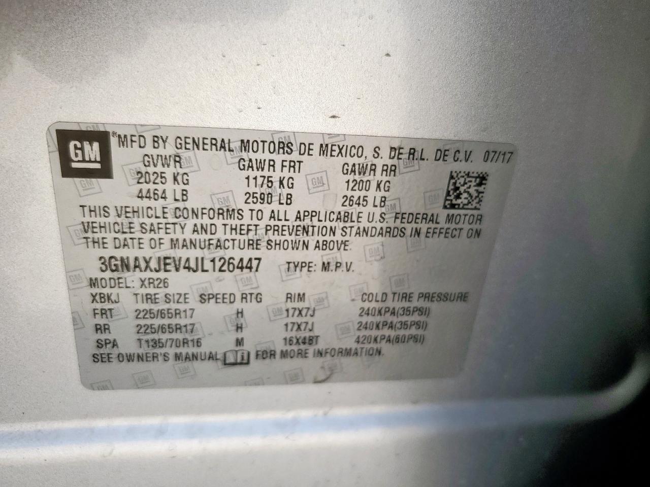 2018 Chevrolet Equinox Lt VIN: 3GNAXJEV4JL126447 Lot: 71372805