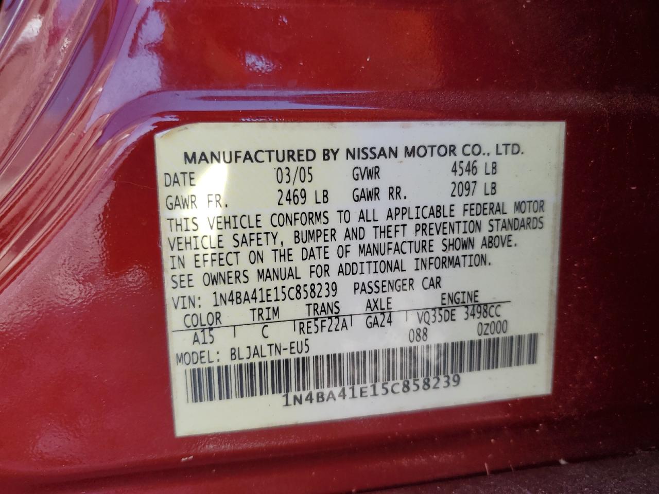 2005 Nissan Maxima Se VIN: 1N4BA41E15C858239 Lot: 80649015