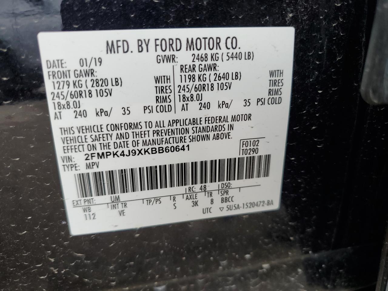 2019 Ford Edge Sel VIN: 2FMPK4J9XKBB60641 Lot: 83947485