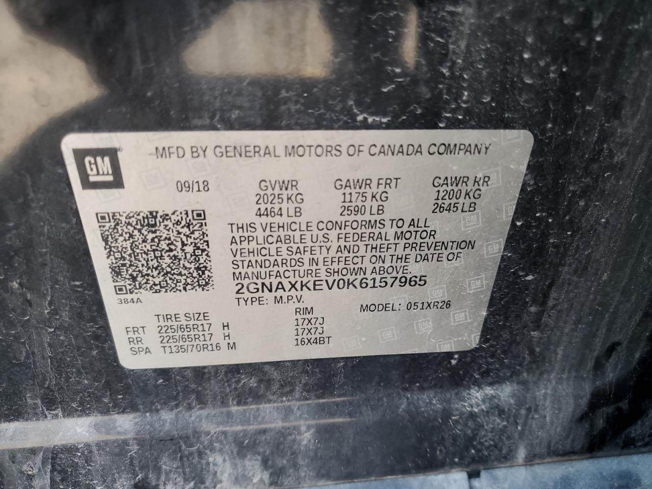 2019 Chevrolet Equinox Lt VIN: 2GNAXKEV0K6157965 Lot: 80879285