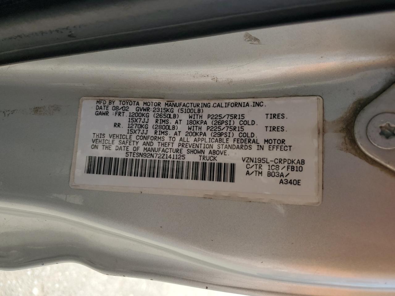 2002 Toyota Tacoma Xtracab Prerunner VIN: 5TESN92N72Z141125 Lot: 80964965