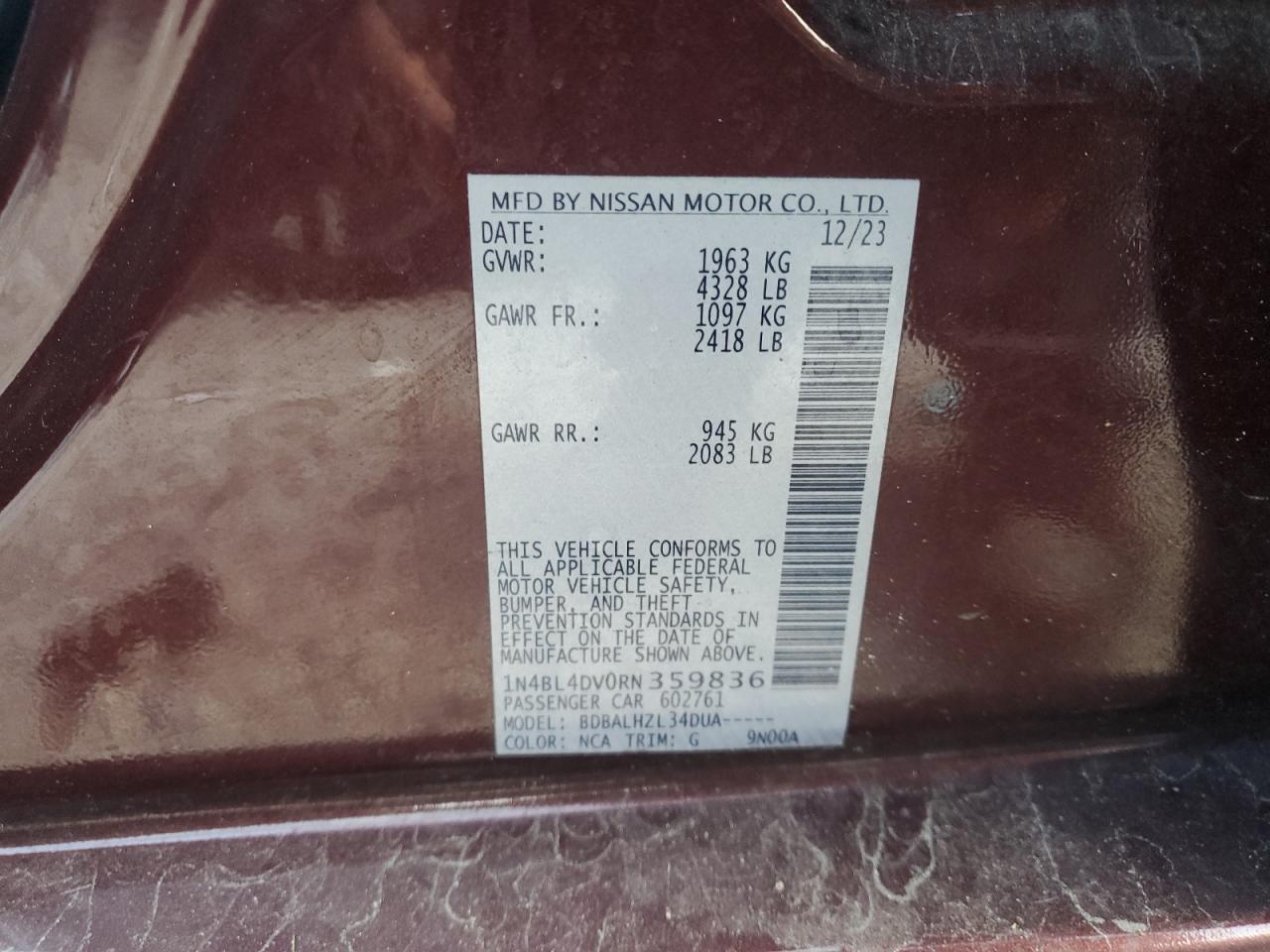 2024 Nissan Altima Sv VIN: 1N4BL4DV0RN359836 Lot: 71234445