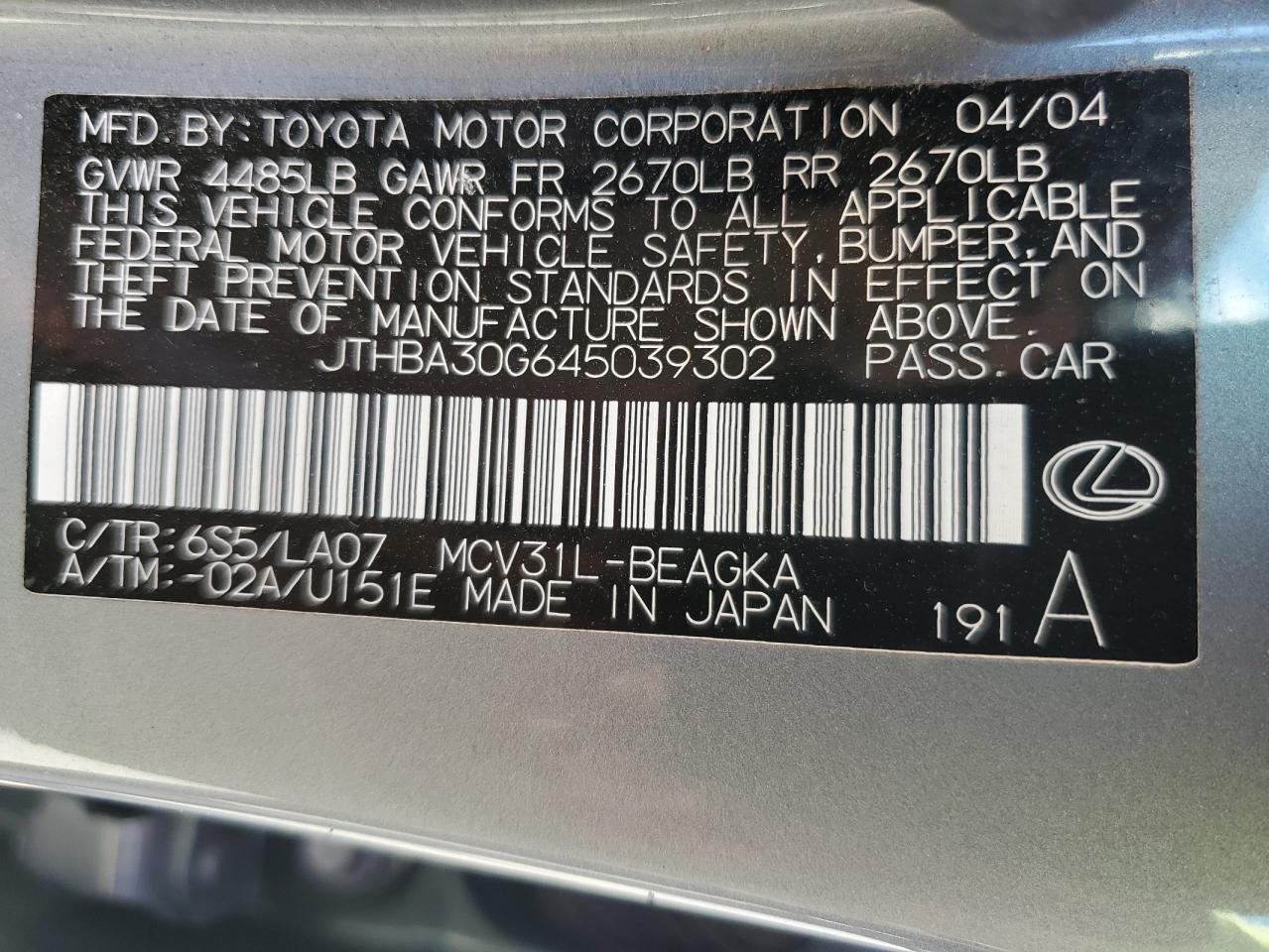 2004 Lexus Es 330 VIN: JTHBA30G645039302 Lot: 82152305