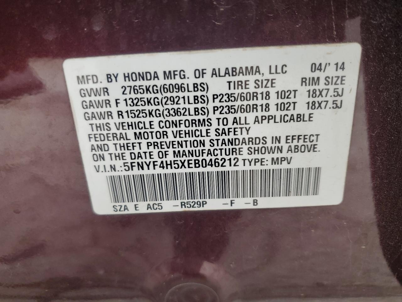 2014 Honda Pilot Exl VIN: 5FNYF4H5XEB046212 Lot: 82161975