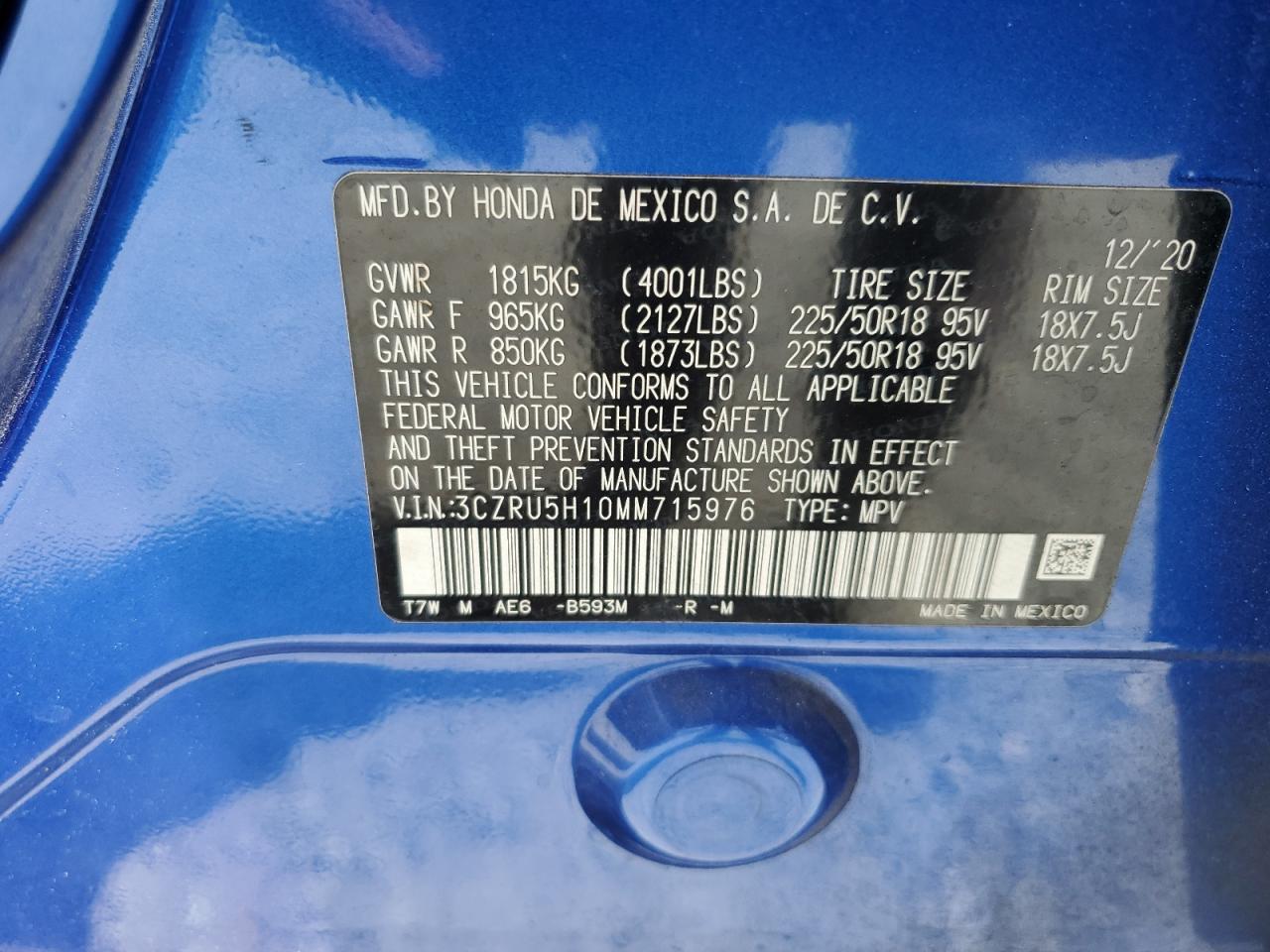 2021 Honda Hr-V Sport VIN: 3CZRU5H10MM715976 Lot: 81928075