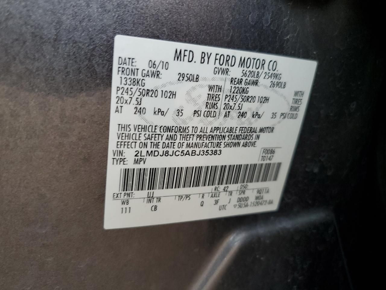 2010 Lincoln Mkx VIN: 2LMDJ8JC5ABJ35383 Lot: 81572155