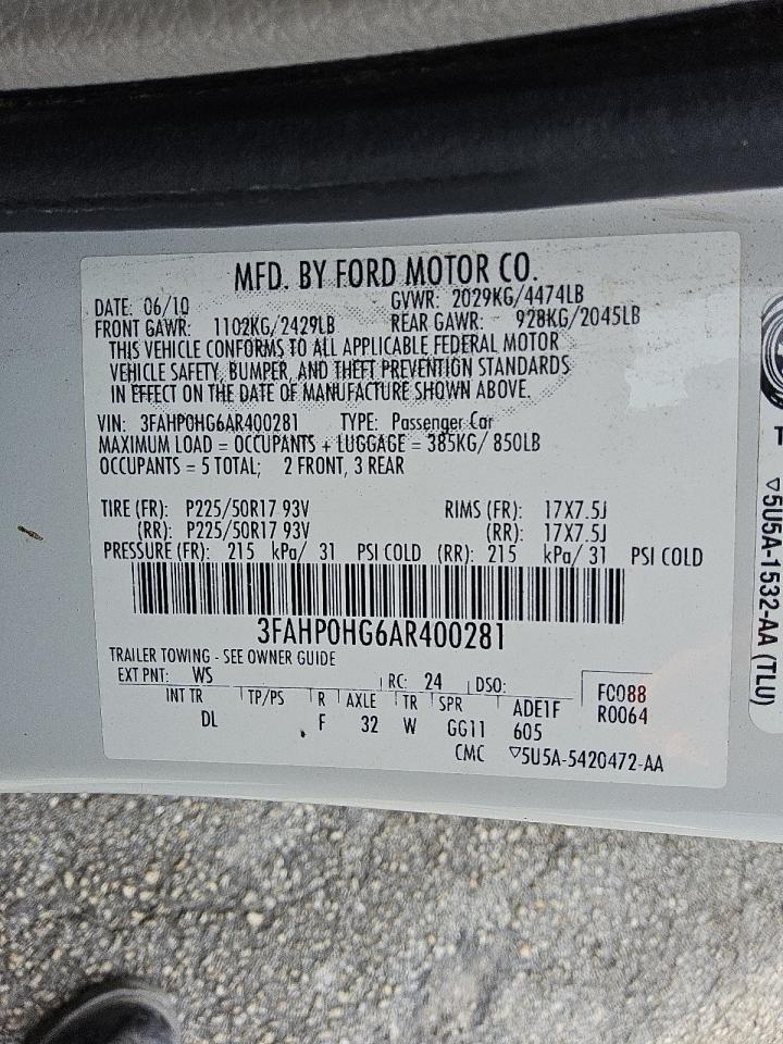 2010 Ford Fusion Se VIN: 3FAHP0HG6AR400281 Lot: 83967835