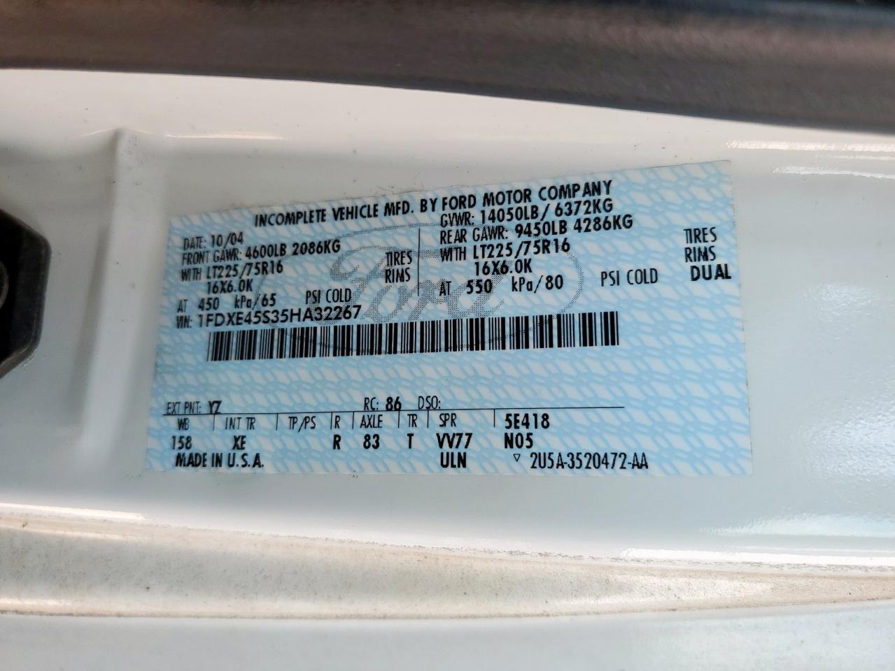 2005 Ford Econoline E450 Super Duty Cutaway Van VIN: 1FDXE45S35HA32267 Lot: 84275465