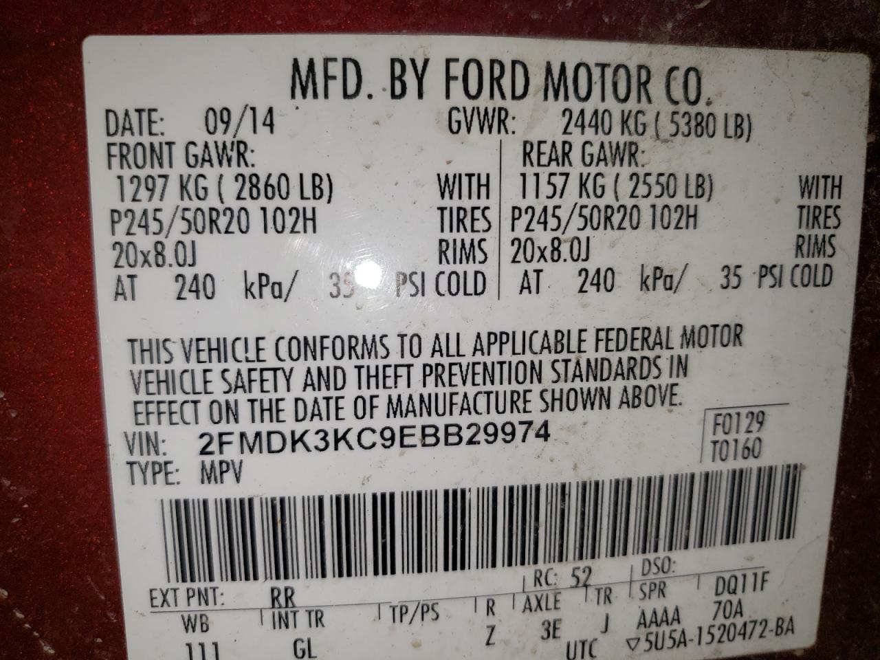 2014 Ford Edge Limited VIN: 2FMDK3KC9EBB29974 Lot: 71449115