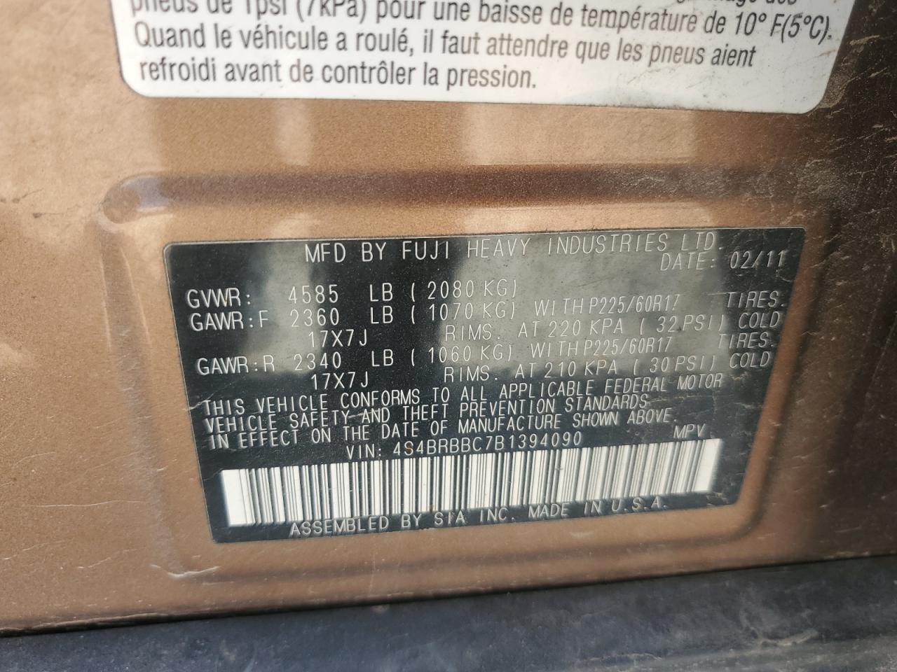 2011 Subaru Outback 2.5I Premium VIN: 4S4BRBBC7B1394090 Lot: 80377245