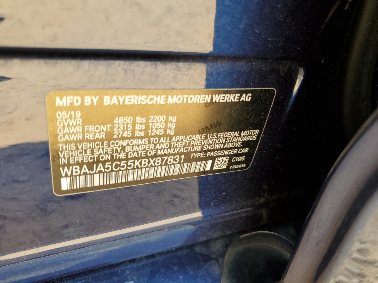 2019 BMW 530 I VIN: WBAJA5C55KBX87831 Lot: 80937025