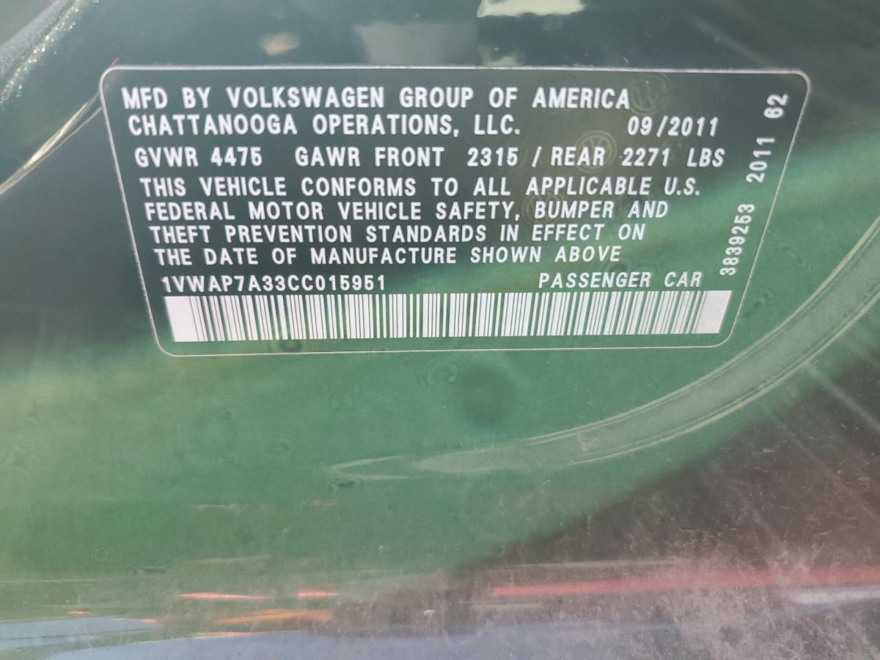 2012 Volkswagen Passat S VIN: 1VWAP7A33CC015951 Lot: 69572795