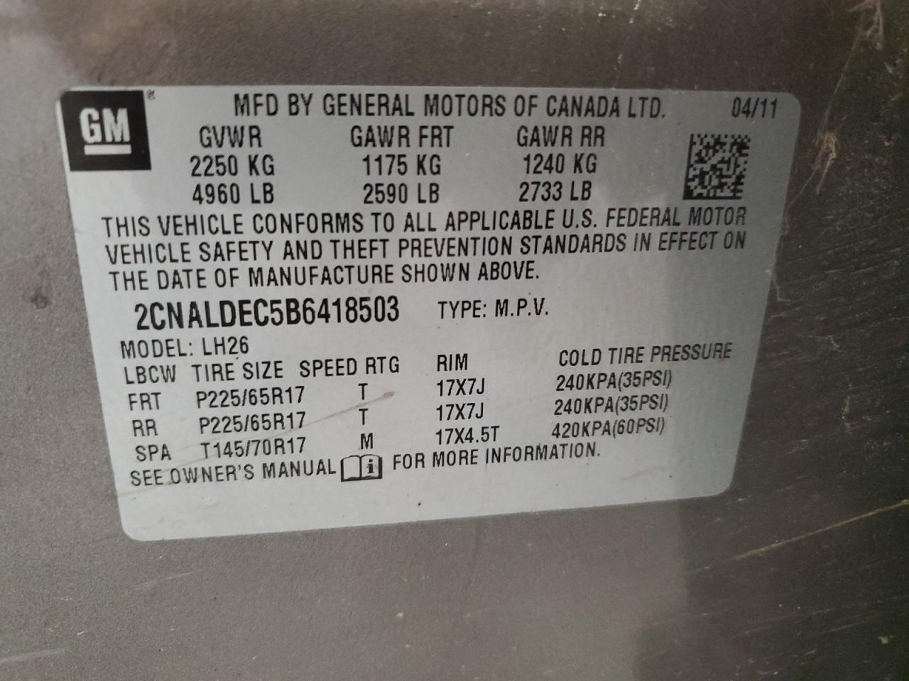 2011 Chevrolet Equinox Lt VIN: 2CNALDEC5B6418503 Lot: 84363925