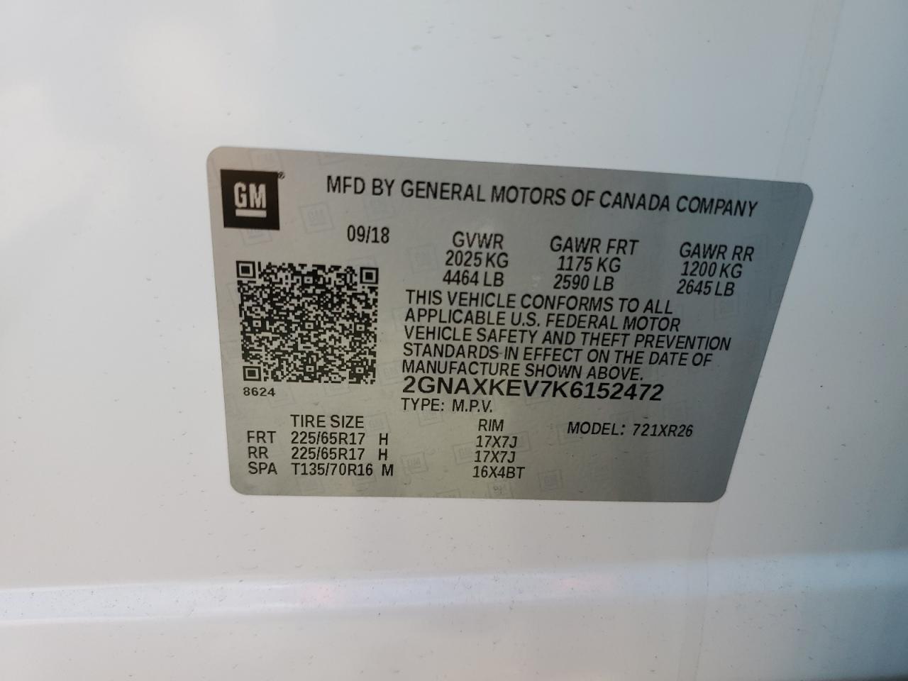 2019 Chevrolet Equinox Lt VIN: 2GNAXKEV7K6152472 Lot: 72082755