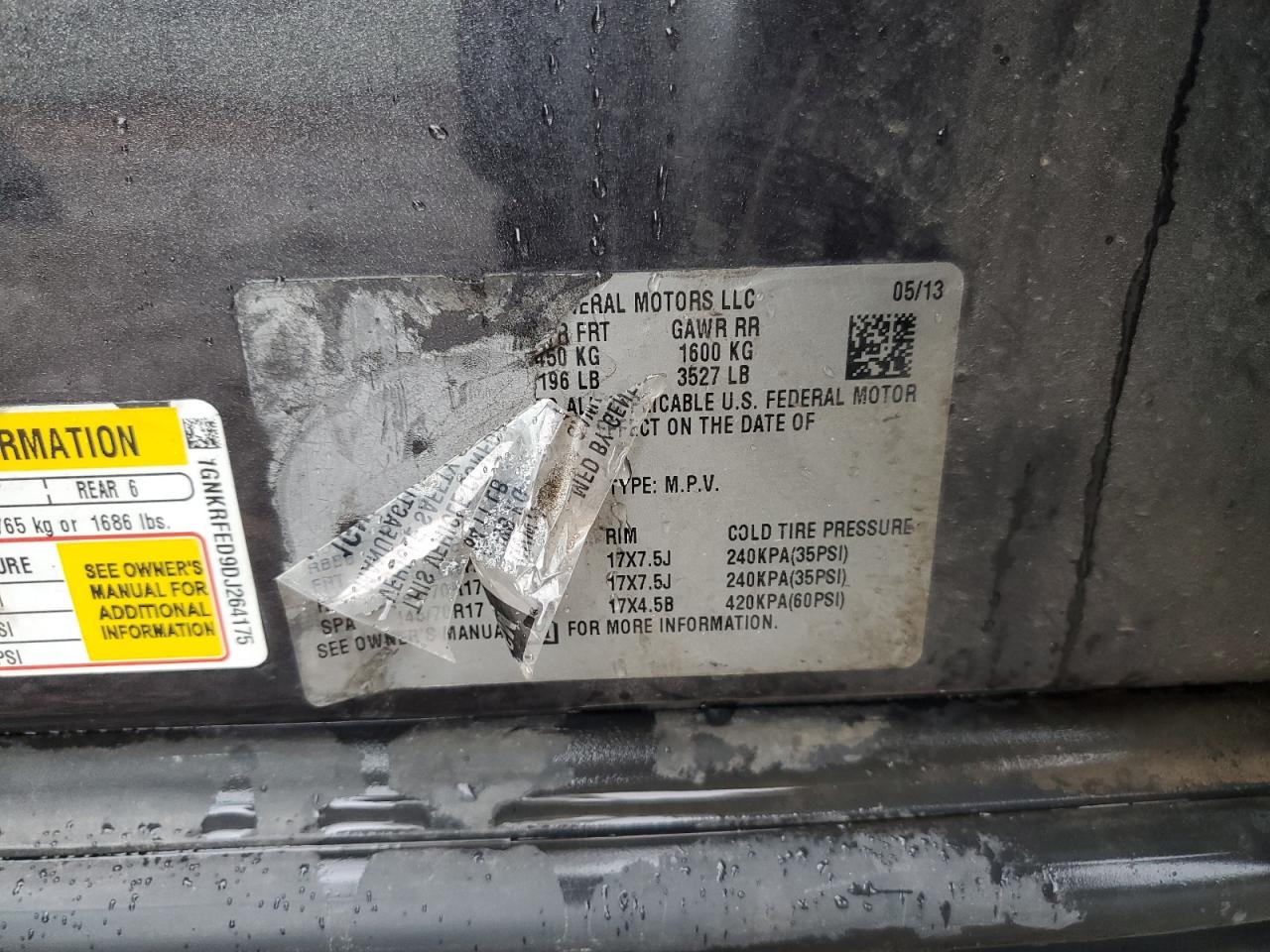 2013 Chevrolet Traverse Ls VIN: 1GNKRFED9DJ264175 Lot: 70766185