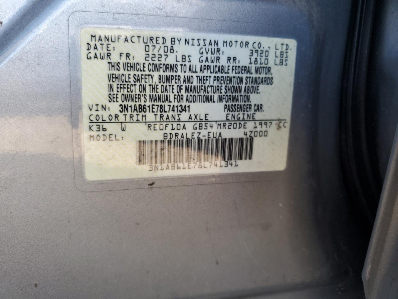 2008 Nissan Sentra 2.0 VIN: 3N1AB61E78L741341 Lot: 70692855