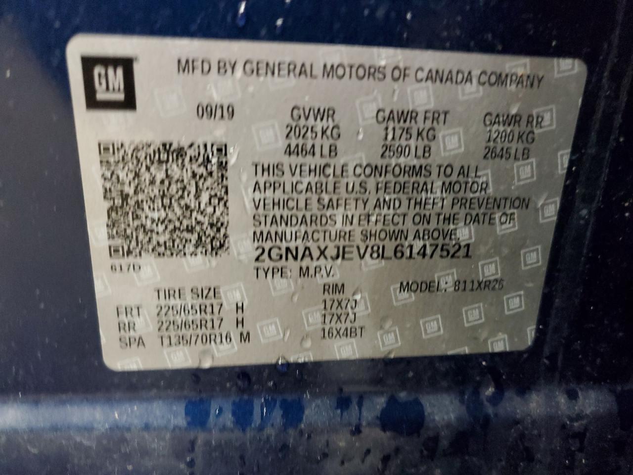 2020 Chevrolet Equinox Lt VIN: 2GNAXJEV8L6147521 Lot: 80535585