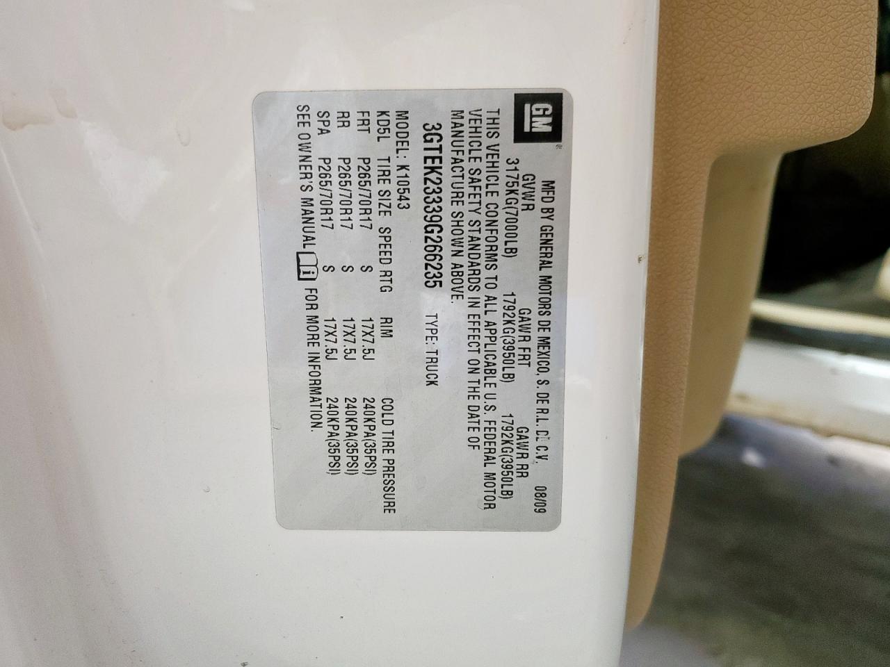 2009 GMC Sierra K1500 Sle VIN: 3GTEK23339G266235 Lot: 84240285