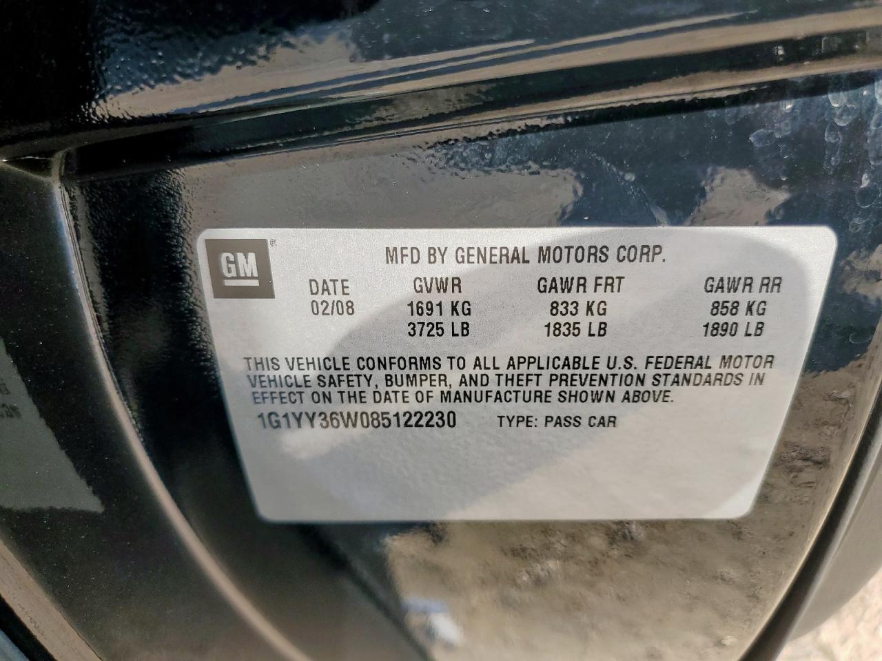 2008 Chevrolet Corvette VIN: 1G1YY36W085122230 Lot: 71434405