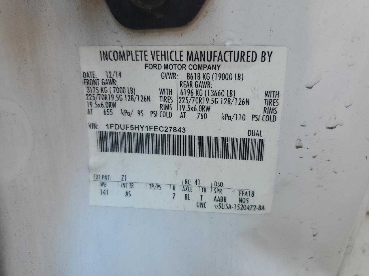 2015 Ford F550 Super Duty VIN: 1FDUF5HY1FEC27843 Lot: 80776405