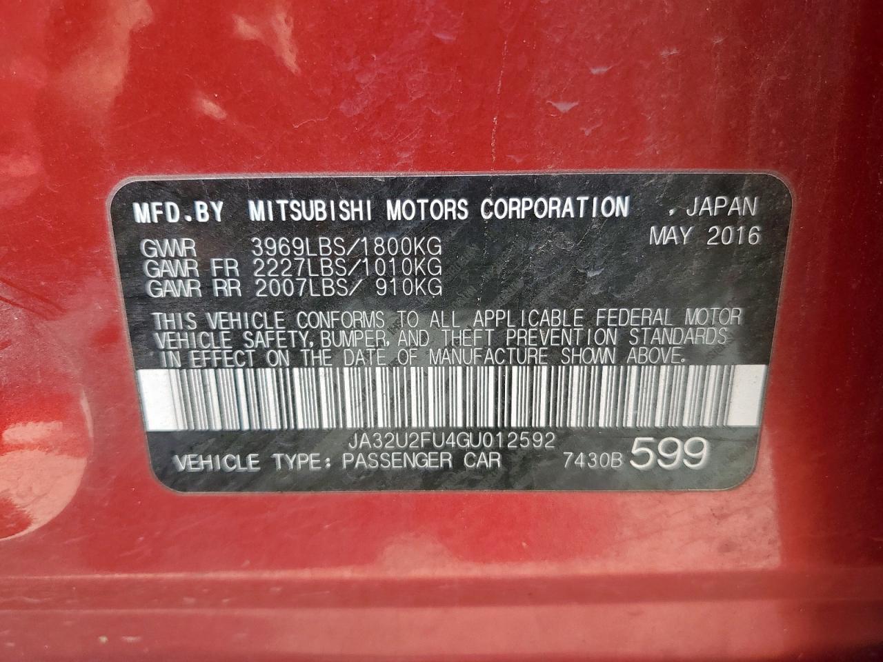 2016 Mitsubishi Lancer Es VIN: JA32U2FU4GU012592 Lot: 72068675