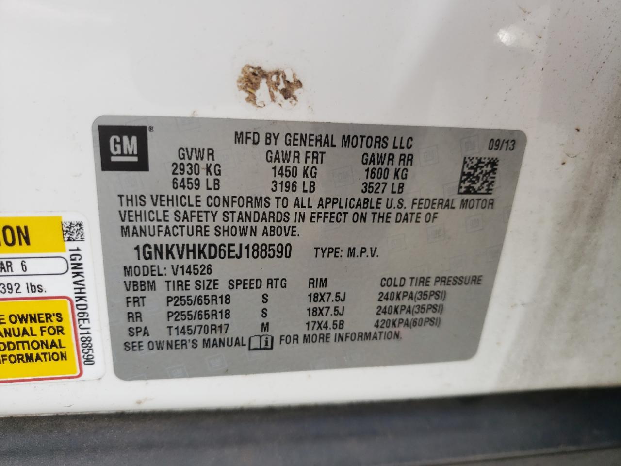 2014 Chevrolet Traverse Lt VIN: 1GNKVHKD6EJ188590 Lot: 80281975