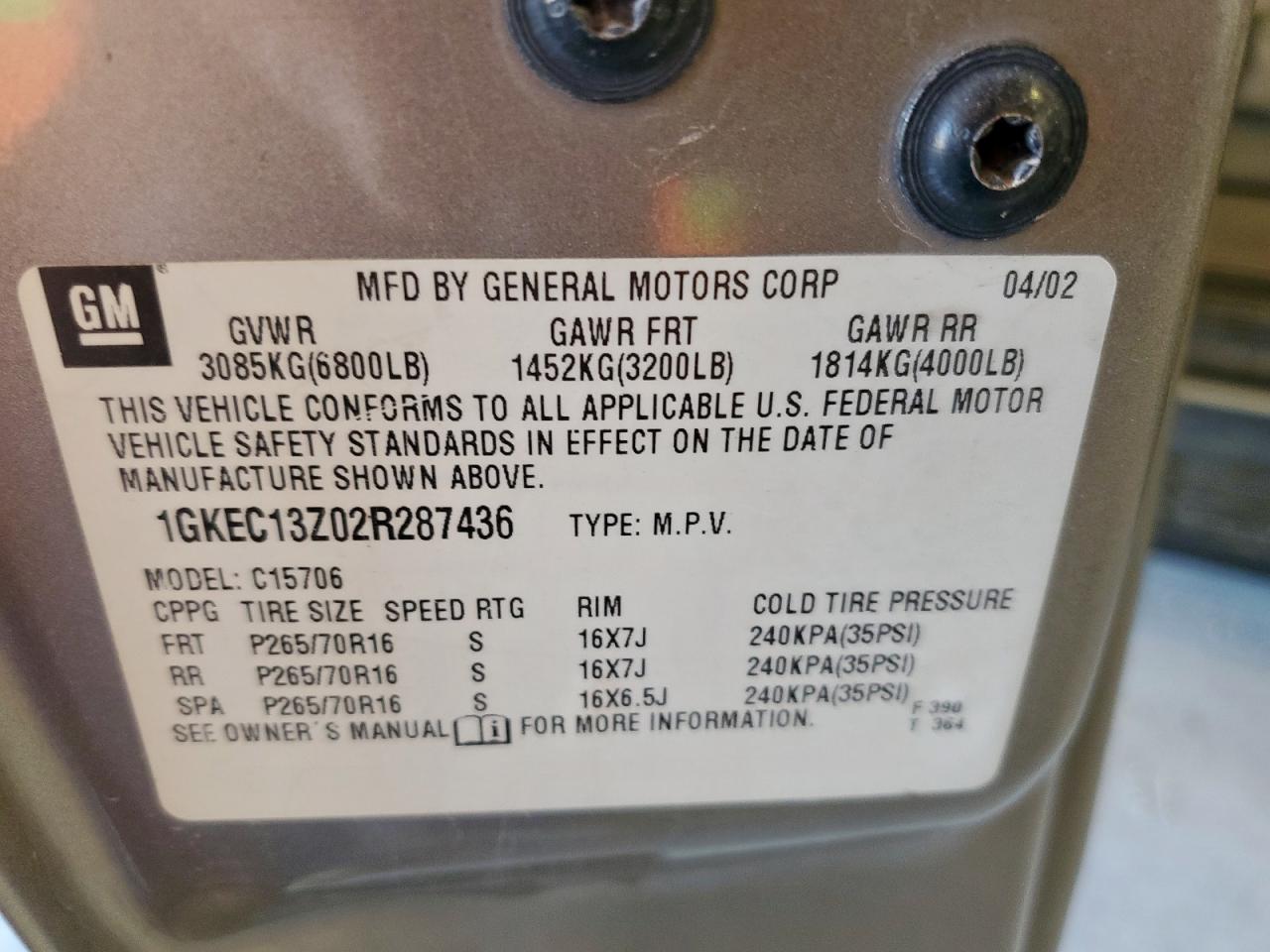 2002 GMC Yukon VIN: 1GKEC13Z02R287436 Lot: 84265255