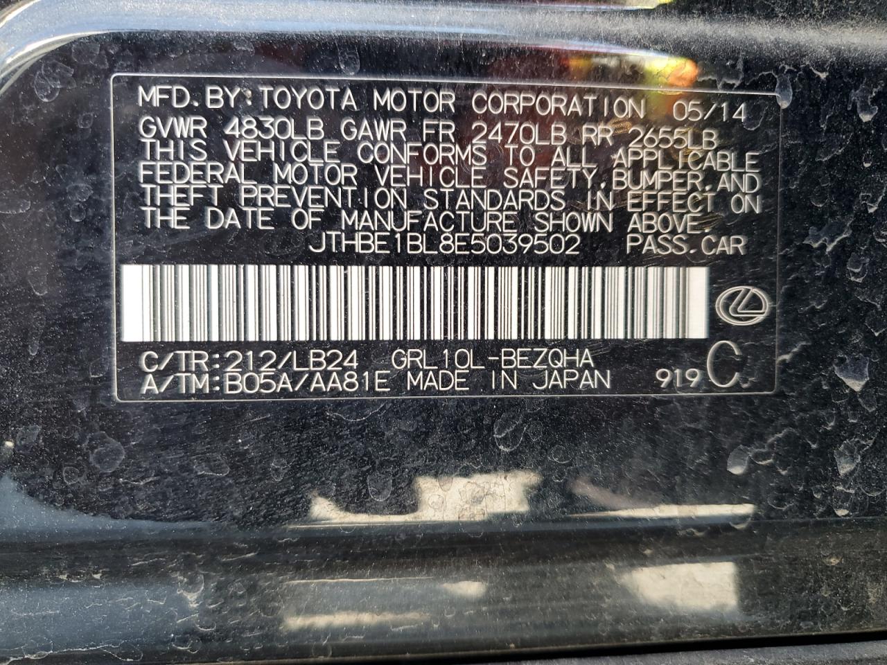 2014 Lexus Gs 350 VIN: JTHBE1BL8E5039502 Lot: 80684265