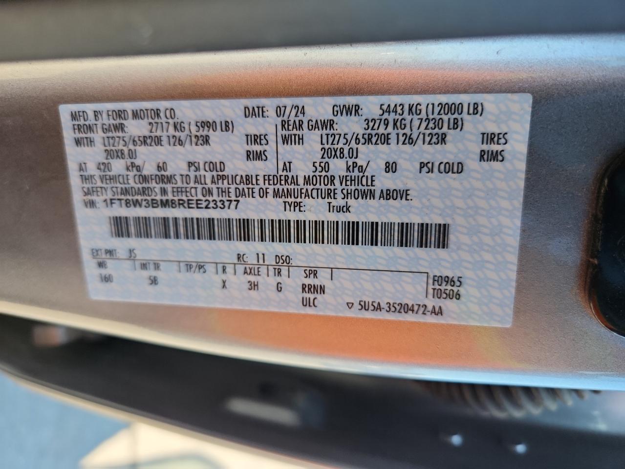 2024 Ford F350 Super Duty VIN: 1FT8W3BM8REE23377 Lot: 70756295