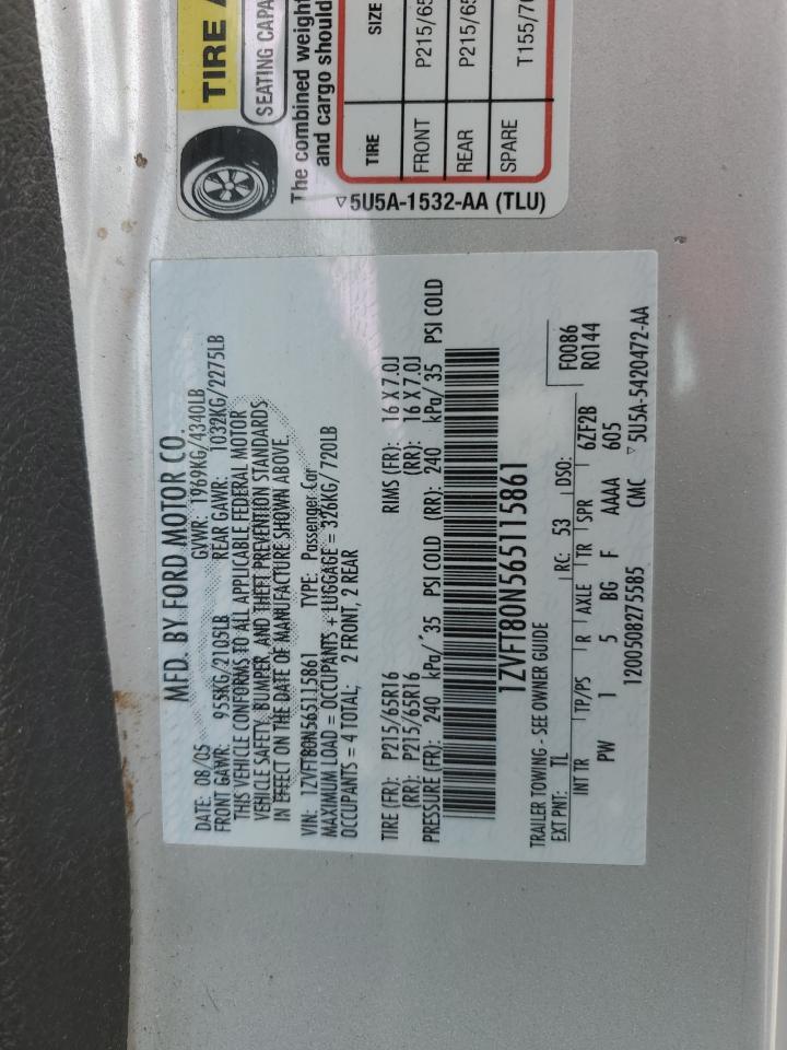 2006 Ford Mustang VIN: 1ZVFT80N565115861 Lot: 80006675