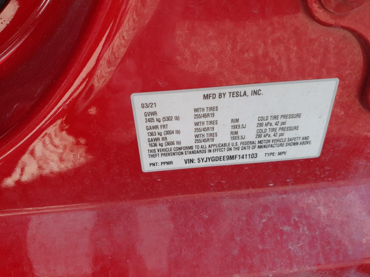 2021 Tesla Model Y VIN: 5YJYGDEE9MF141103 Lot: 71258435