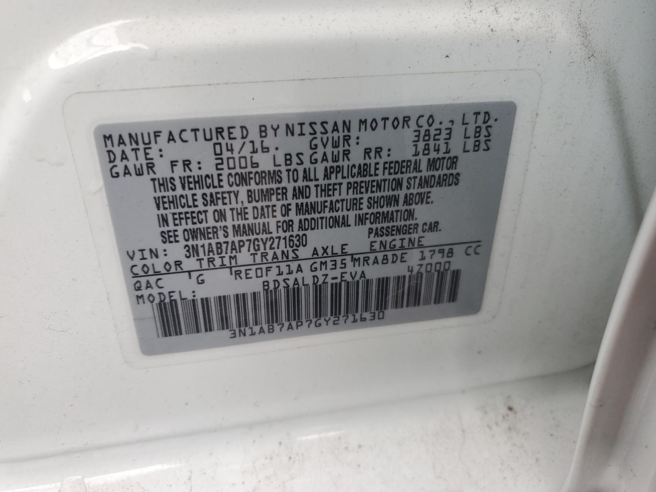 2016 Nissan Sentra S VIN: 3N1AB7AP7GY271630 Lot: 83947585