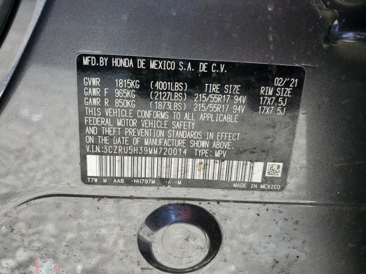 2021 Honda Hr-V Lx VIN: 3CZRU5H39MM720014 Lot: 81455525