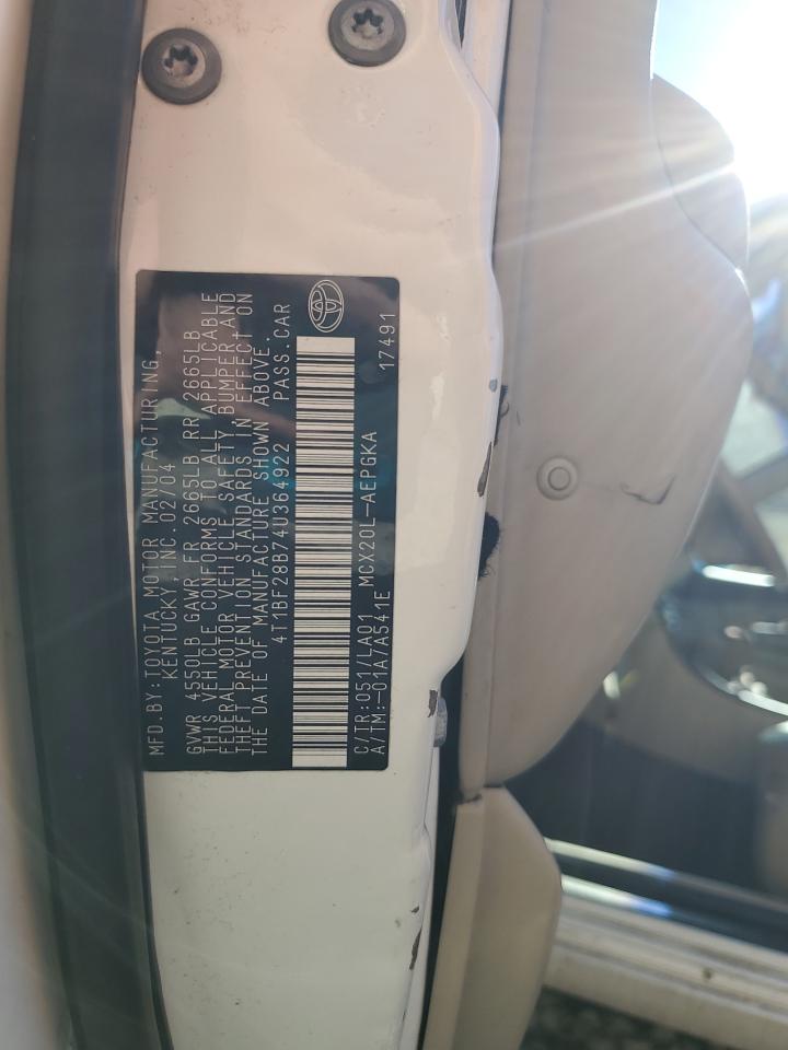 2004 Toyota Avalon Xl VIN: 4T1BF28B74U364922 Lot: 84740325