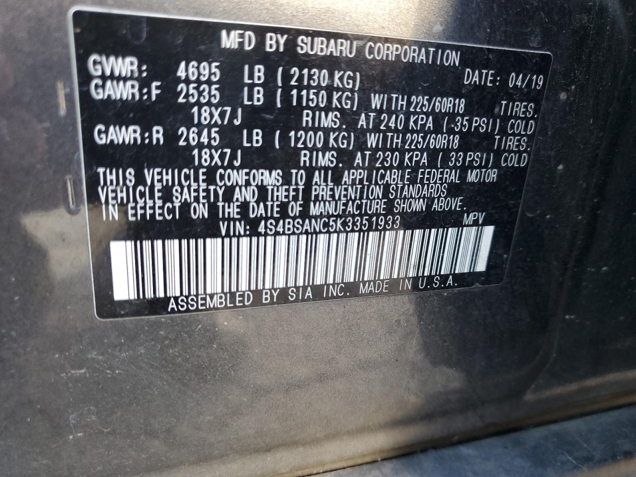 2019 Subaru Outback 2.5I Limited VIN: 4S4BSANC5K3351933 Lot: 81525345